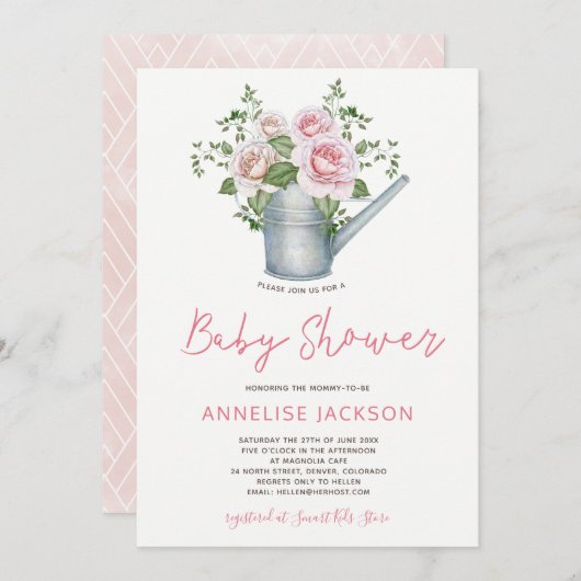散水缶赤面ピンクのバラのベビーガールシャワー 招待状 (正面/裏面)