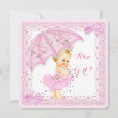 散水赤ちゃんシャワー女の子ピンク傘ブロンド 招待状 (正面)