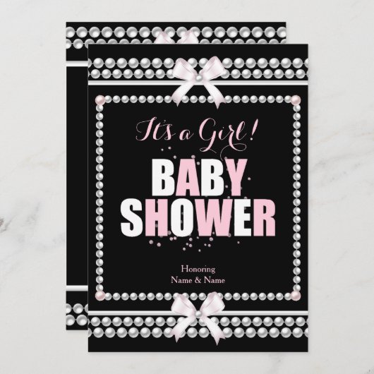 散水赤ちゃんシャワー女の子ピンク真珠ブラック 招待状 (正面/裏面)