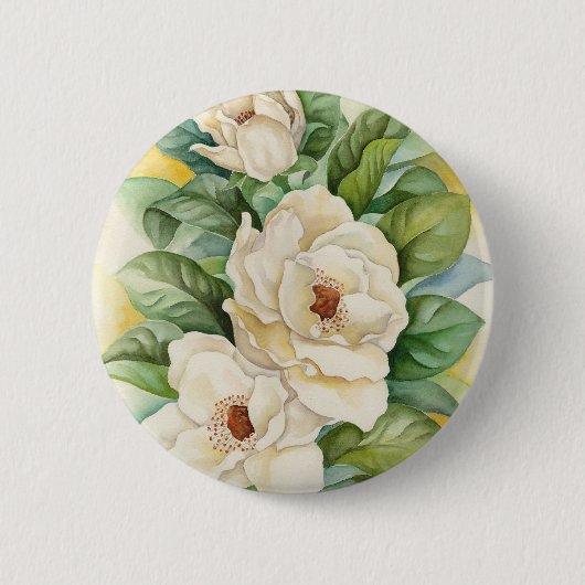 数々のなマグノリアの花の水彩画の芸術- 缶バッジ (正面)