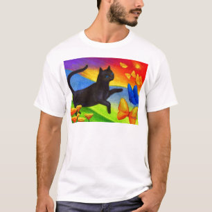 数々のな黒猫の絵画の蝶芸術- Tシャツ