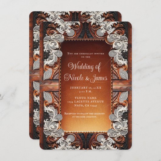 数々のカラーのレザーとレースのルック素朴ス結婚 招待状 (正面/裏面)