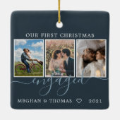 数々のフォト初めてのクリスマス婚約した青 セラミックオーナメント (裏面)