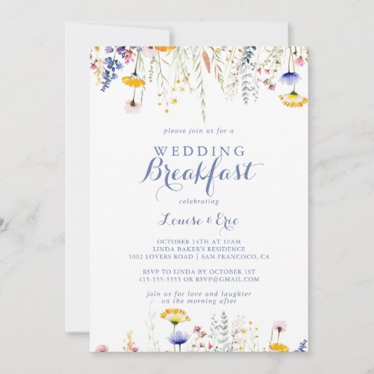 数々のモダン色ワイルドフラワー結婚の朝食 招待状 (正面)