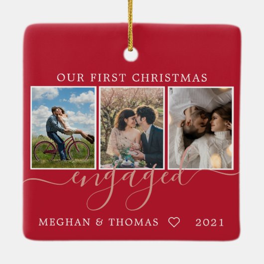 数々の写真の婚約した初めてのクリスマス セラミックオーナメント (裏面)