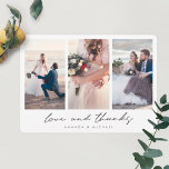 数々の写真モダンコラージュの愛と感謝していの結婚こと サンキューカード<br><div class="desc">シンプルにシックな3つのフォトコラージュ結婚のサンキューカードテンプレートは鮮明な外観を備えモダンている。デフォルトの形状として角の丸みを選択したが、角の角を鋭く簡単に変更でき、このデザインでも非常に良く動作する！このミニマル与えスなデザインは、あなたの下にある「愛と感謝」と暖かいtouchを持ちお気に入りのて、親密で親しみやすい低いケースのスクリプトでリラックスす。この要素のデザインは変更できない。フロントのサンプル名を編集して自分の名前で置き換える場合は、別の外観を好む文字のフォントと色を変更することもできまもしす。私たちはあなたの名前のためのデフォルトの色としてグレーを選択した，上の黒い'愛と感謝'のメッセージと少しコントラストする。また、背面の文字のデフォルトとしてグレーのシェードを選択した。サンプル文字を背面に貼り付け、お客様のメッセージに合わせて置き換えることができたが、これに制限を受けてはいけませ感じん。サンプルもし文字を完全に削除し保て、バックを完全に削除し空白のて、代わりに各カードに手書きノートを書作成し、それを行うことができます。または、私たちの文字を感謝のメッセージと自分の閉じ込めのメッセージに置き換え、カードを受け取ったときに署名する。カードの両側にあるサンプル/プレースホルダ文字を削除する場合は必ず確認し、前面にある3つのプレースホルダ写真をすべて自分の写真に置き換えることを忘れないでください。前面の背景は白で変更できない。背景の色相を選んだのは白くない、白い煙と呼ばれる非常に明るい灰色だ。編集ツールで別の色を選択しもして変更できる。直感的なデザインツール、写真お気に入りのやインスピレーションを使用して、独自のデザインを作成！そして、ハガキ結婚と折り畳みカー感謝していドのフォーマットのデザインを含む、より簡単にモダンサンキューカードのモチーフのための私たちのコレクションを参照してください！</div>