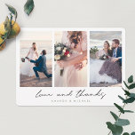 数々の写真モダンコラージュの愛と感謝していの結婚こと サンキューカード<br><div class="desc">シンプルにシックな3つのフォトコラージュ結婚のサンキューカードテンプレートは鮮明な外観を備えモダンている。デフォルトの形状として角の丸みを選択したが、角の角を鋭く簡単に変更でき、このデザインでも非常に良く動作する！私たちは与え、このミニマルなデザインは、あなたの写真の下の黒で「愛と感謝」と暖かいtouchを持ってリラックスい、親密で親しまれている低いケースのスクリプお気に入りのトです。この要素のデザインは変更できない。フロントのサンプル名を編集して自分の名前で置き換える場合は、別の外観を好む文字のフォントと色を変更することもできまもしす。名前の既定の色としてエレガントは、緑の中くらいの濃い色を選択した。また、背面の文字のデフォルトとしてグレーのシェードを選択したが、これを別のカラーに変更したり、フォントを変更したりすることもある。サンプル文字を背面に貼り付け、お客様のメッセージに合わせて置き換えることができたが、これに制限を受けてはいけませ感じん。サンプルもし文字を完全に削除し保て、バックを完全に削除し空白のて、代わりに各カードに手書きノートを書作成し、それを行うことができます。または、私たちの文字を感謝のメッセージと自分の閉じ込めのメッセージに置き換え、カードを受け取ったときに署名する。カードの両側にあるサンプル/プレースホルダ文字を削除する場合は必ず確認し、前面にある3つのプレースホルダ写真をすべて自分の写真に置き換えることを忘れないでください。前面の背景は白で変更できない。背景の色相を選んだのは白くない、白い煙と呼ばれる非常に明るい灰色だ。編集ツールで別の色を選択しもして変更できる。直感的なデザインツール、写真お気に入りのやインスピレーションを使用して、独自のデザインを作成！そして、ハガキ結婚と折り畳みカー感謝していドのフォーマットのデザインを含む、より簡単にモダンサンキューカードのモチーフのための私たちのコレクションを参照してください！</div>