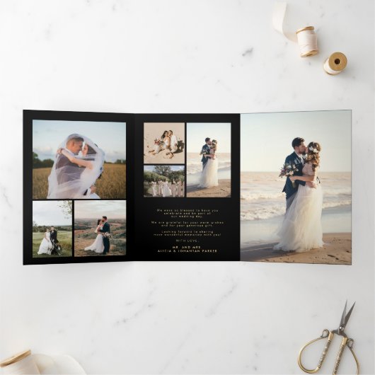 数々の写真金ゴールドブラック結婚サンキューカード 三つ折り招待状 (内部)