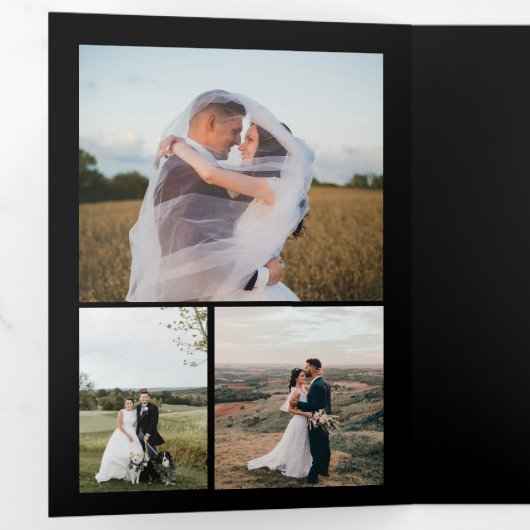 数々の写真金ゴールドブラック結婚サンキューカード 三つ折り招待状 (内部最初)