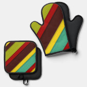 数々の斜めストライプ色 鍋つかみ&鍋敷きセット (正面/裏面)