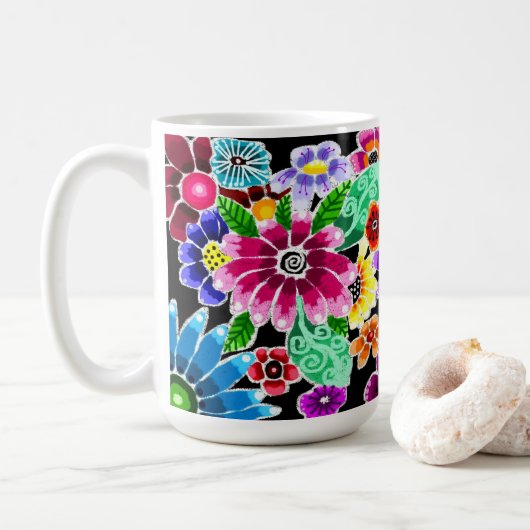 数々の色お洒落フォークアート花フローラピンク コーヒーマグカップ (ドーナツ)