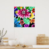 数々の色お洒落フォークアート花フローラピンク ポスター (キッチン)