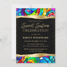 数々の色と金ゴールドステンドグラス甘い16 招待状