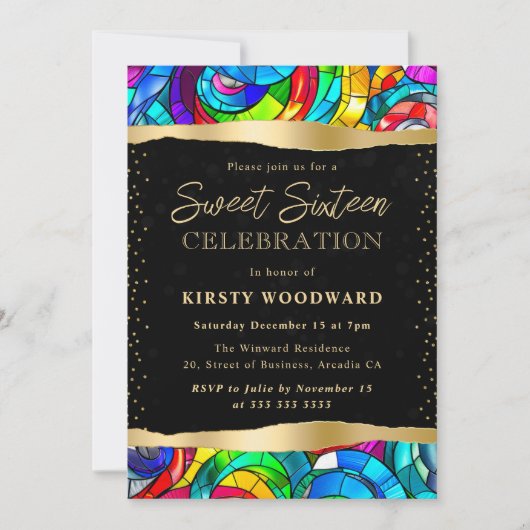 数々の色と金ゴールドステンドグラス甘い16 招待状 (正面)