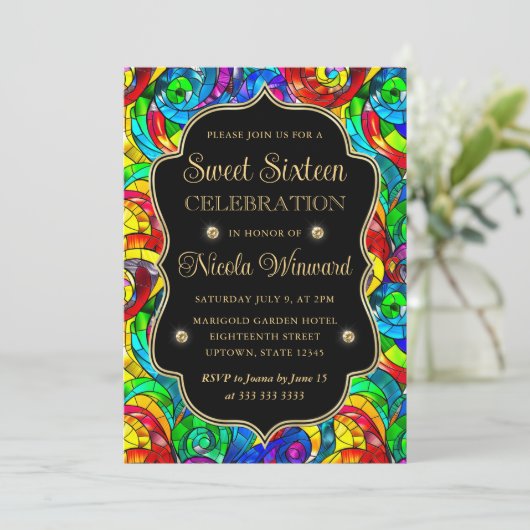 数々の色と金ゴールドステンドグラス甘い16 招待状 (スタンド正面)