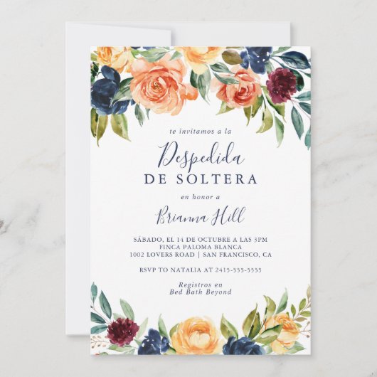 数々の色のエレガントフローラスペインのブライダルシャワー 招待状 (正面)