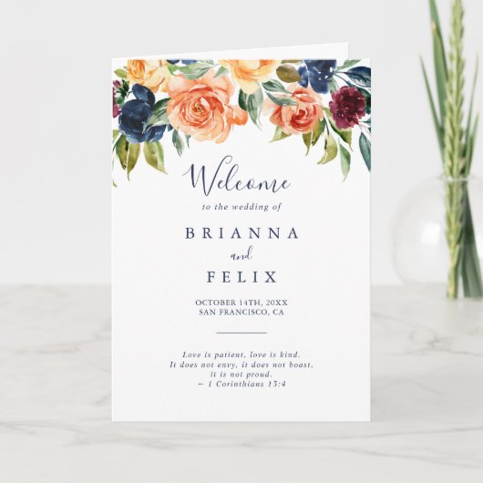 数々の色のエレガントフローラ折り畳み結婚式 プログラム (正面)