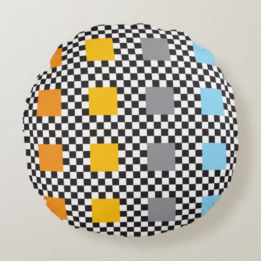 数々の色の市松模様に模様と大正方形 ラウンドクッション (正面)