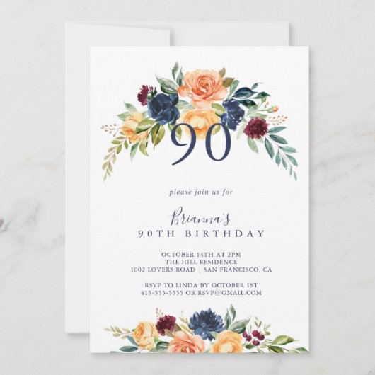 数々の色エレガントフローラ90th誕生日パーティー 招待状 (正面)