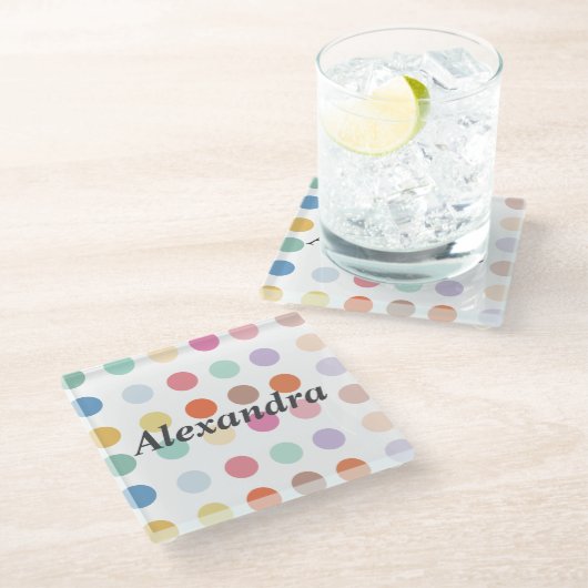 数々の色ドットパターン ガラスコースター (アングル)