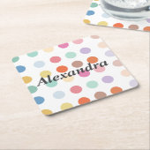 数々の色ドットパターン スクエアペーパーコースター (アングル)