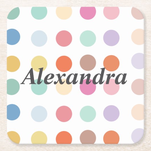 数々の色ドットパターン スクエアペーパーコースター (正面)