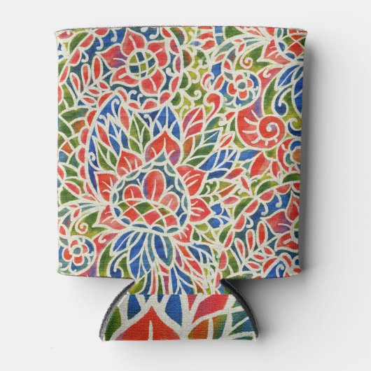 数々の色ペイズリープリントろうけつ染めパターン 缶クーラー (正面)