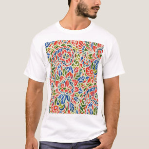数々の色ペイズリープリントろうけつ染めパターン Tシャツ
