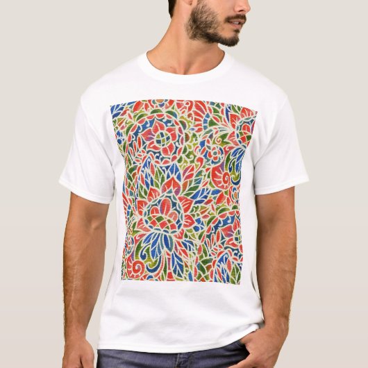 数々の色ペイズリープリントろうけつ染めパターン Tシャツ (正面)