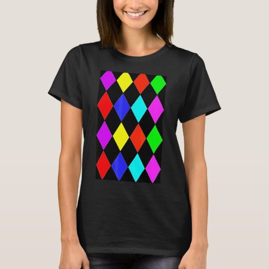 数々の色幾何学大型ハレクイン模様 Tシャツ (正面)