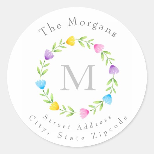 数々の色水彩フラワーステムリースラベル ラウンドシール (正面)
