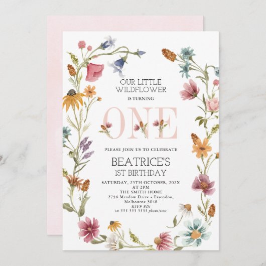 数々の色野花リース女子ファースト誕生日 招待状 (正面/裏面)