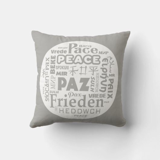 数々の言語の灰色または白の投球のクッションか平和 クッション (裏面)