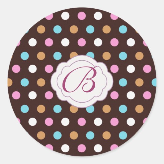 数々の – カラー水玉模様モノグラムギフトラベルラベル ラウンドシール (正面)