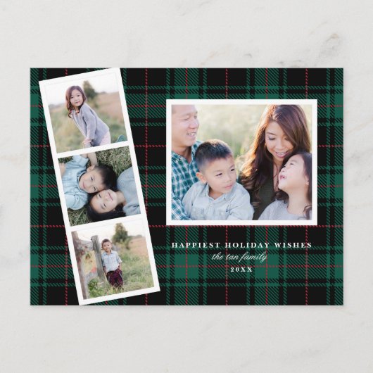 数々の – フォトグリーンブラックタータンチェックプレイドホリデーカード シーズンポストカード (正面)