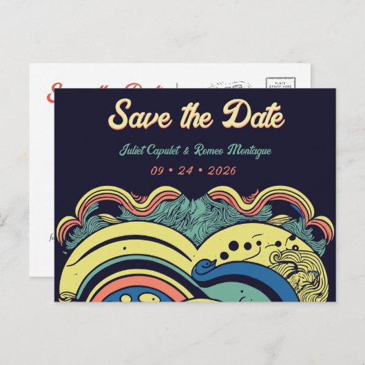 数々の-color 70's groovy日付を保存サイケデリックする ポストカード (正面/裏面)