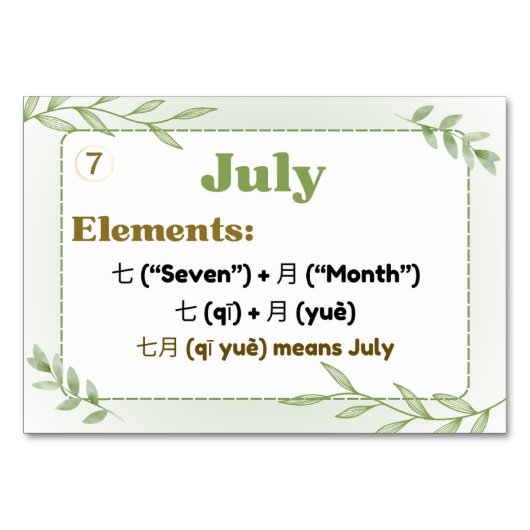 数か月中国の(フラッシュカード) テーブルナンバー (正面)