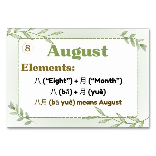 数か月中国の（フラッシュカード） テーブルナンバー (正面)