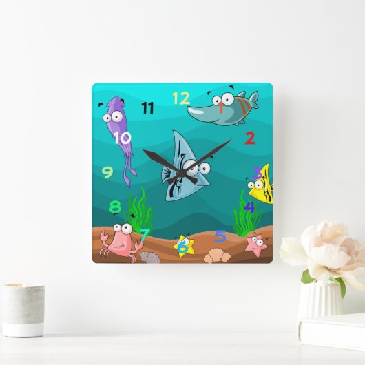 数を用いる海の下の海洋生物 スクエア壁時計 (ホーム)