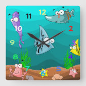数を用いる海の下の海洋生物 スクエア壁時計 (正面)