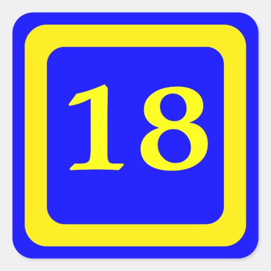 数値18,青い背景,黄色の枠 スクエアシール (正面)