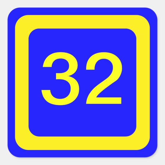 数値32,青い背景,黄色の枠 スクエアシール (正面)