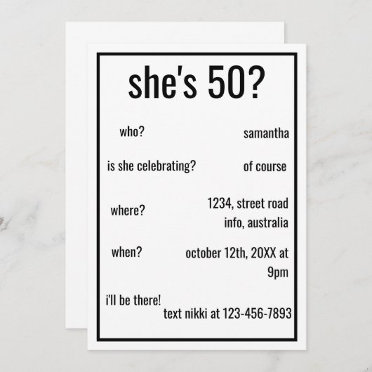 数十年おもしろいシンプル誕生日ミニマルカスタムリスト 招待状 (正面/裏面)