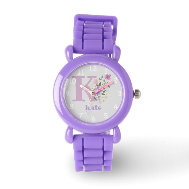 数字と名前、イニシャル入り子供用フラワーイメージ 腕時計 (正面)