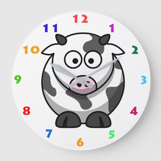 数字付き牛カラフルイラストレーション子供へ ラージ壁時計 (正面)