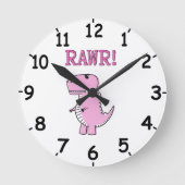 数字怒付きのかわいいピンクの漫画のTレックスディノ ラウンド壁時計 (正面)