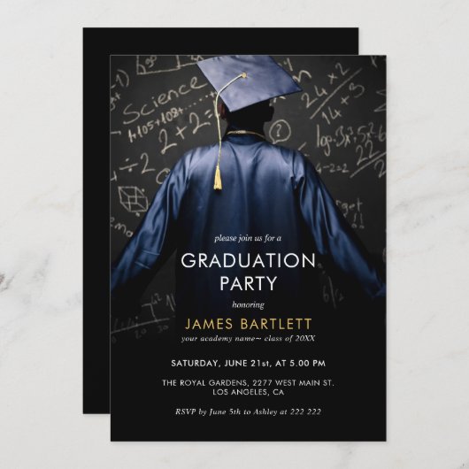 数学の黒板でブルーガウンを卒業する 招待状 (正面/裏面)