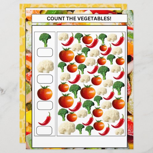 数学ワークシートは、野菜と果物の子供を数える (正面/裏面)