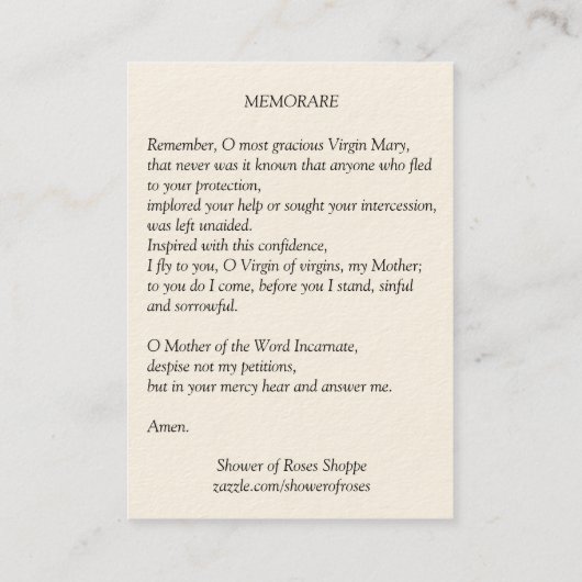 数珠の祈りの言葉のMemorare神聖なカードの私達の女性 名刺 (裏面)
