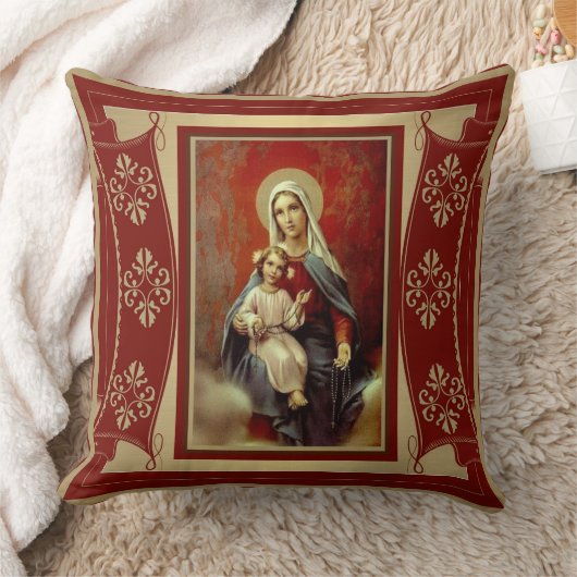 数珠w/Jesusバーガンディの赤の金ゴールドの私達の女性 クッション (ブランケット)